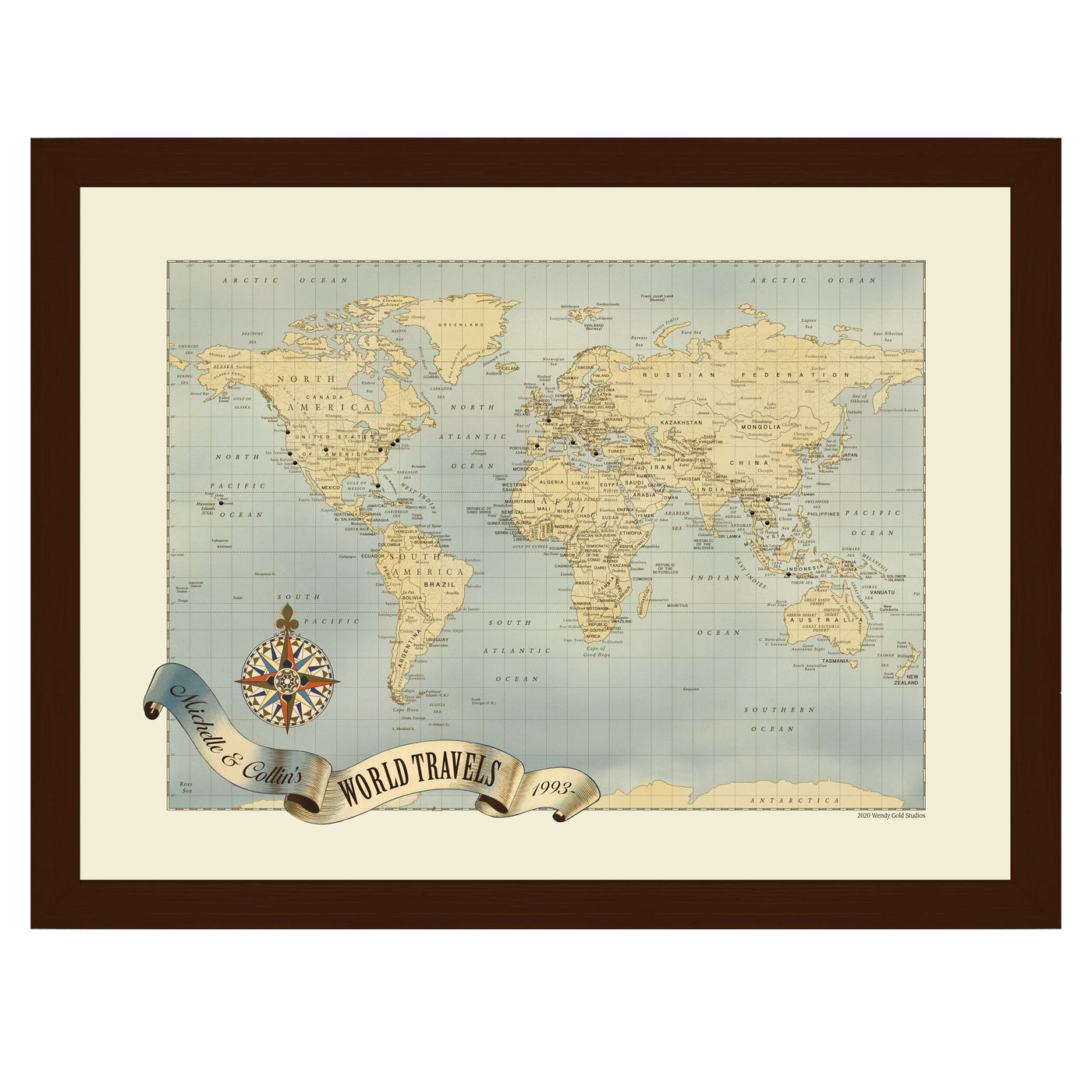 Voyager Personalized World Push Pin Map framed