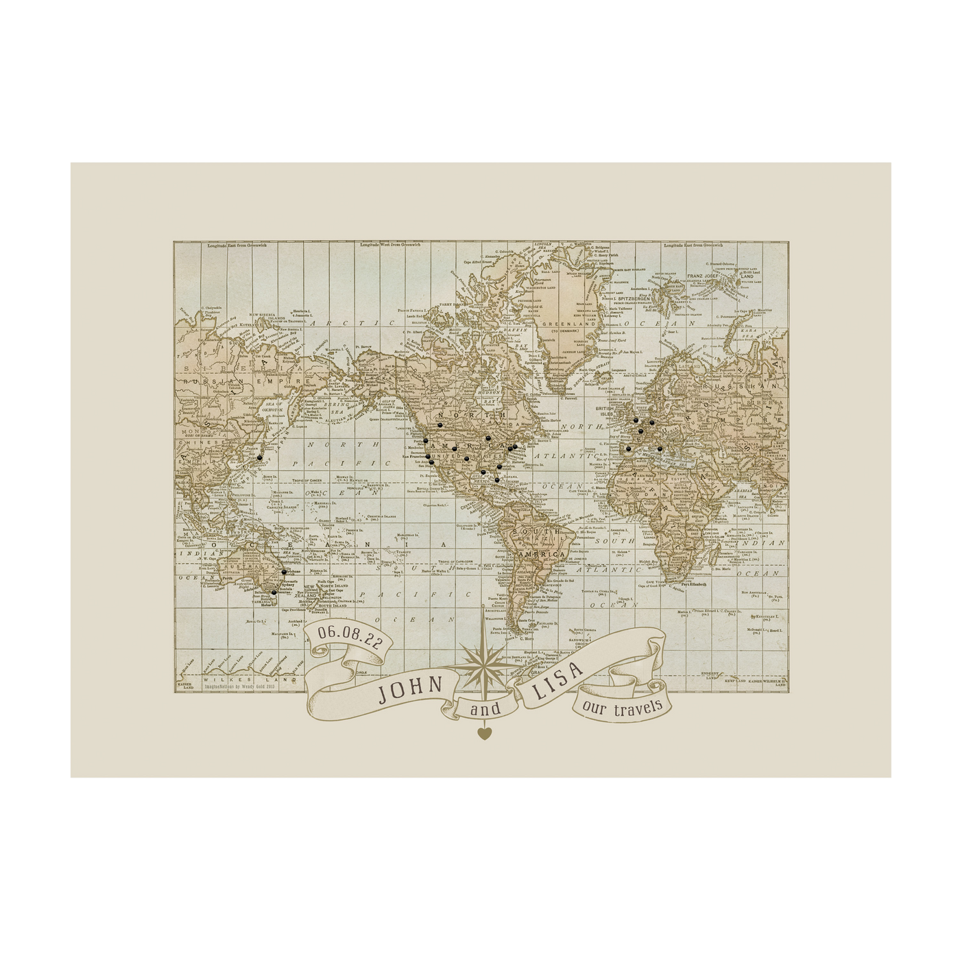 Personalized Wedding Anniversary Push Pin World Map vintage transparent  | Vintage:transparent