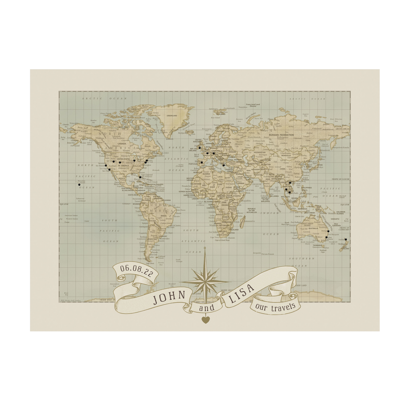 Personalized Wedding Anniversary Push Pin World Map | Modern:transparent