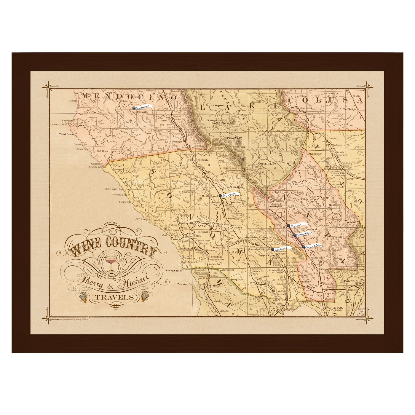 Wine Country Napa Sonoma Winery Tasting Pin Map framed