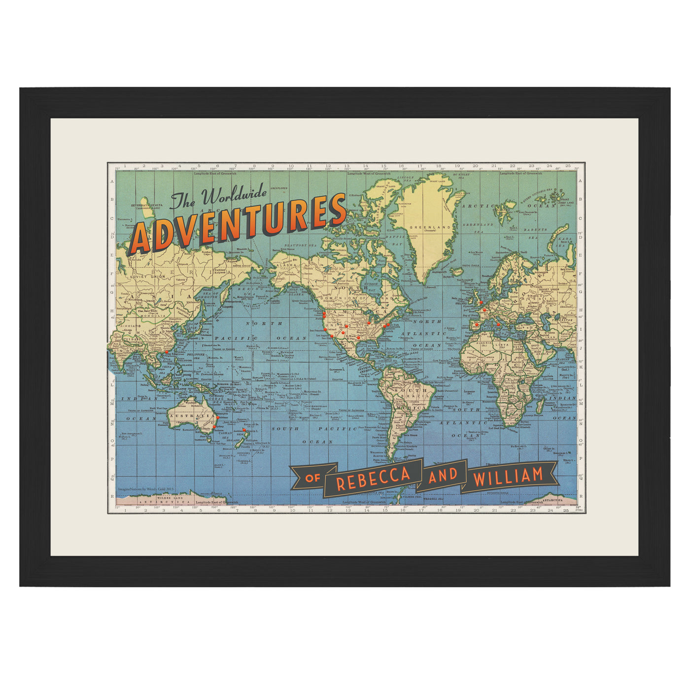 Personalized Push Pin Map World Wide Adventures framed 