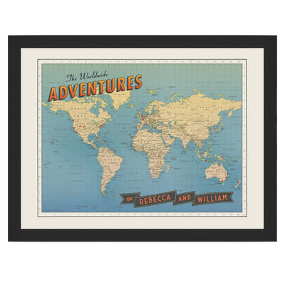 Personalized Push Pin Map World Wide Adventures framed modern